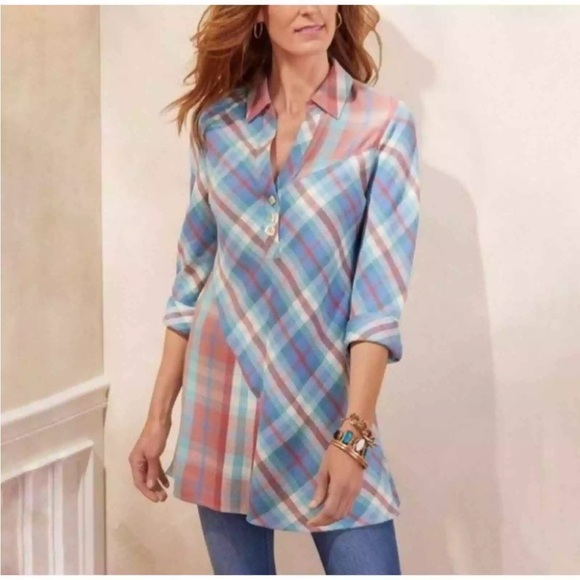 Soft Surroundings Womens LA Pass Multi Plaid Pink Blue Textured Tunic Blouse 1X - Picture 3 of 13